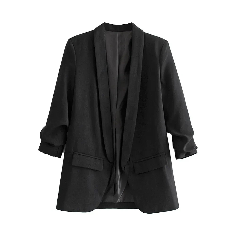 TRZA Women Fashion Office Wear Open Blazer Coat Vintage Long Pleated Sleeves Flap Pockets Female Outerwear Chic Tops - Tasawoq