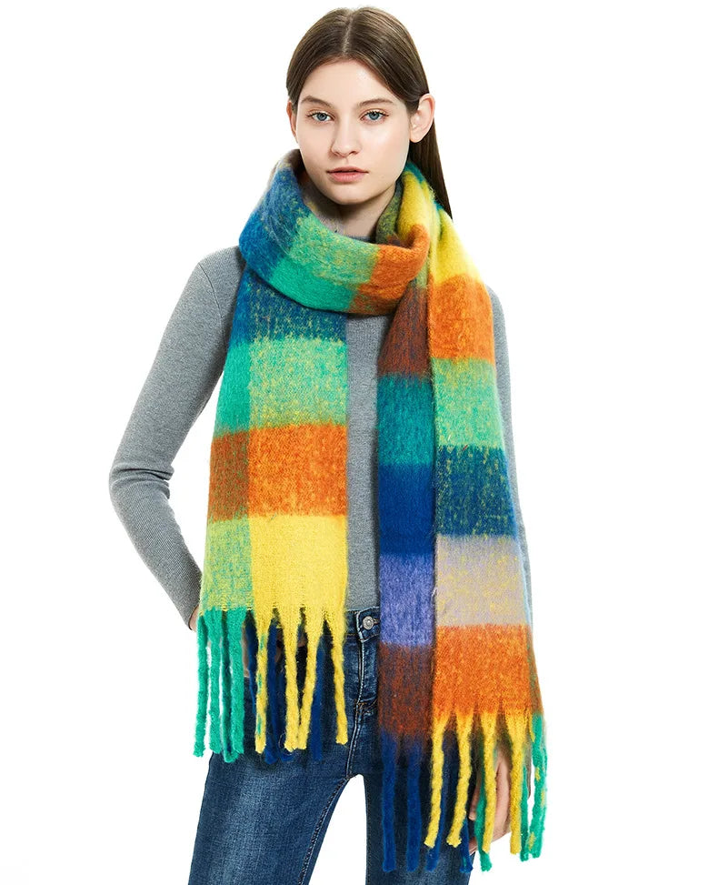 2025 Winter Thick Warm Scarf Women Cashmere Shawl and Wraps Pashmina Neckerchief Bufanda Female Rainbow Hairy Tessel Echarpe New - Tasawoq