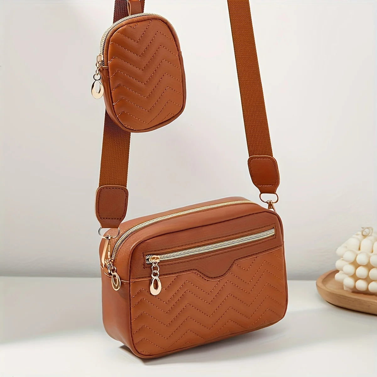 Casual Minimalist Shoulder Square Bag, With Mini Hanging Purse, Quilted Pattern Crossbody Bag For Women Two piece set - Tasawoq