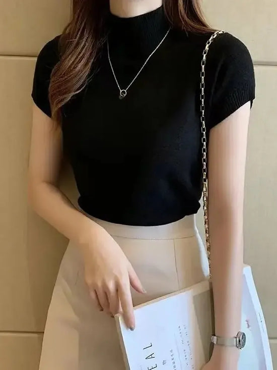Women's Half-High Neck T-Shirt Fashion Jumper Casual Tops Korean Style Elegant Solid-Coloured Clothing Spring And Summer Season - Tasawoq