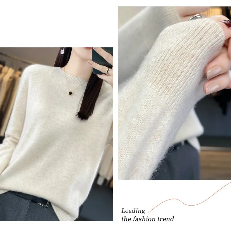 Women's 100% Beautiful Wool Round Neck Top Fashion Versatile Knitted Loose Long Sleeve Pullover Thin Sweater Yuan Ling - Tasawoq