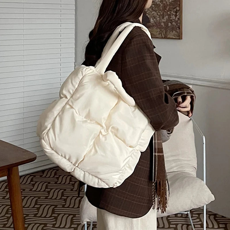 Women Retro Checkered Quilted Shoulder Bag Solid Color Winter Soft Handbags Soft Tote Handbags - Tasawoq