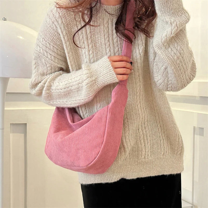 Corduroy Shoulder Bag Minimalist Crossbody Bag Women's Handbags Fashion Fabric Underarm Bag Solid Color Zipper Female Handbag - Tasawoq