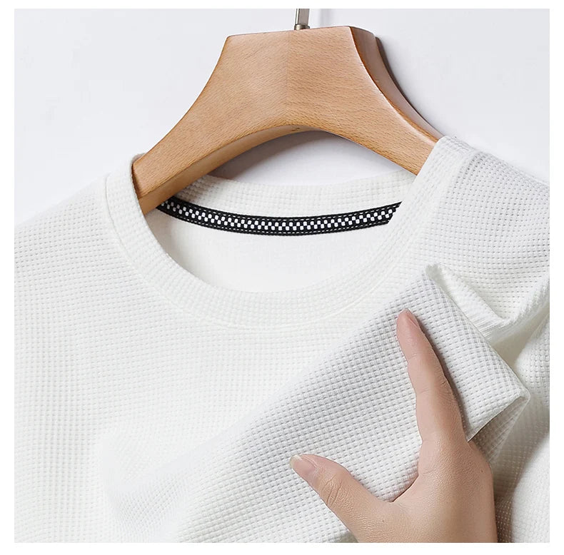 New Summer Waffle Round Neck Short Sleeved T-shirt for Men's Short Sleeved Top - Tasawoq