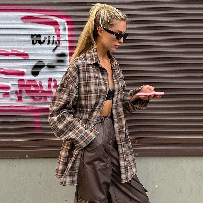 Spring Autumn Vintage Plaid Checkered Shirt Women's Long Sleeve Blouse Loose Single Breasted Casual Shirt - Tasawoq