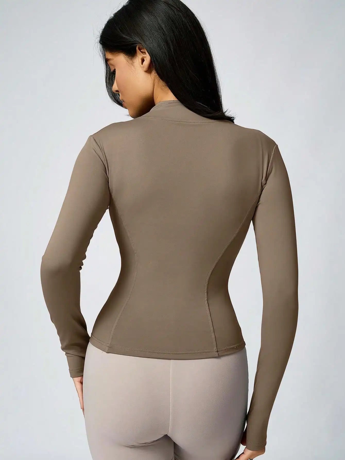Women's Solid Color Zipper Turtleneck Sports Jacket, Long-Sleeved Sports Top, Gym Wear, Ladies' Sportswear for Indoor and Outdoo - Tasawoq