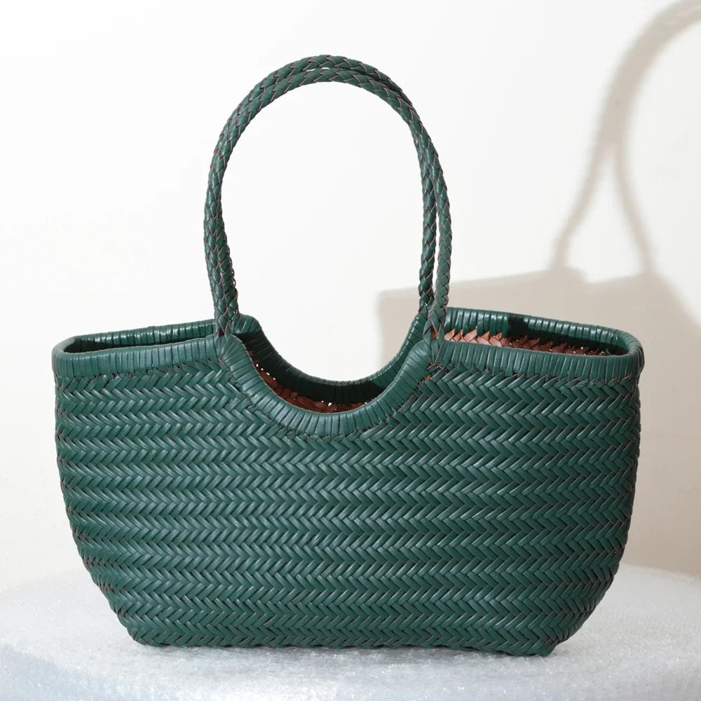 Handbags Women's Genuine Leather Shoulder Bag Weaving Casual Shopping Bag Vintage Big Tote Purse Cowhide Cross Hand Bags Lady - Tasawoq