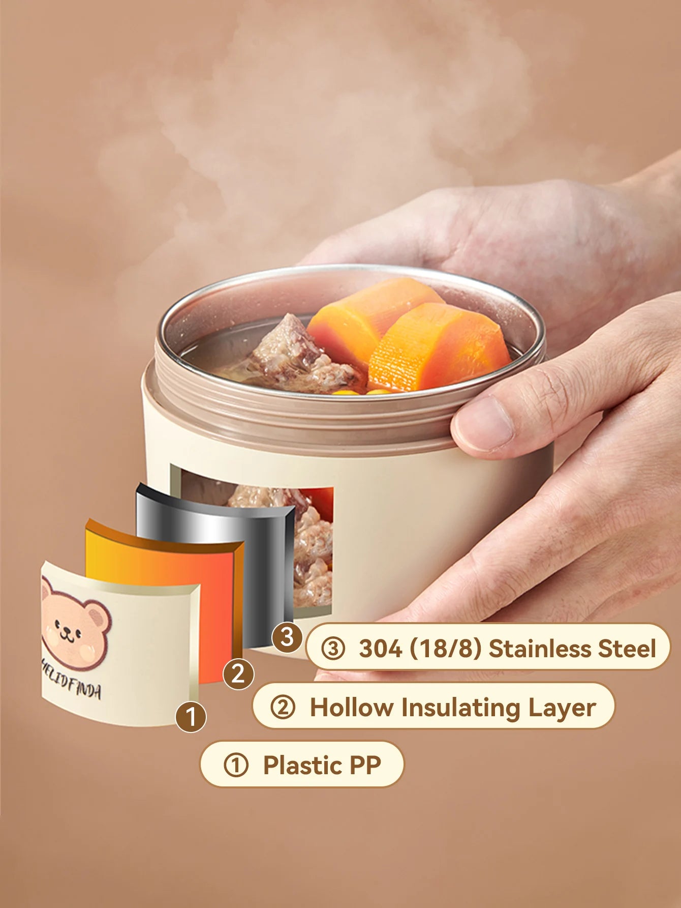 WORTHBUY Cute Bear 304 Stainless Steel Thermal Lunch Box For Kids Adults Portable Microwave Bento Box Leak Proof Food Container