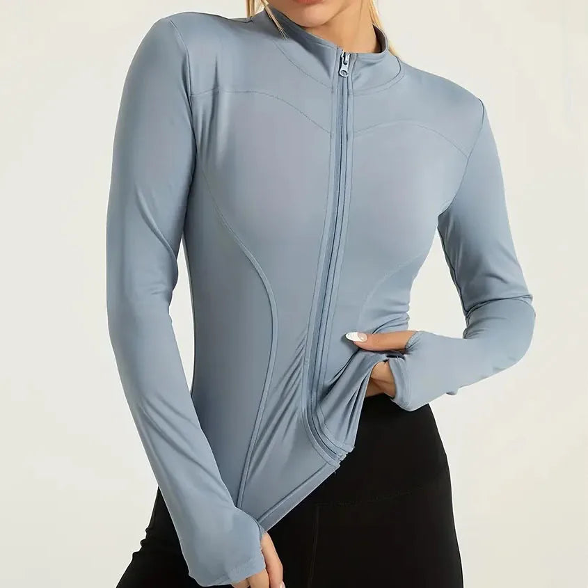 Women's Zip-Up Running Jacket Lightweight Stretchy Running Track Jacket with Thumb Holes, High Neck, Breathable Yoga Sportwear - Tasawoq