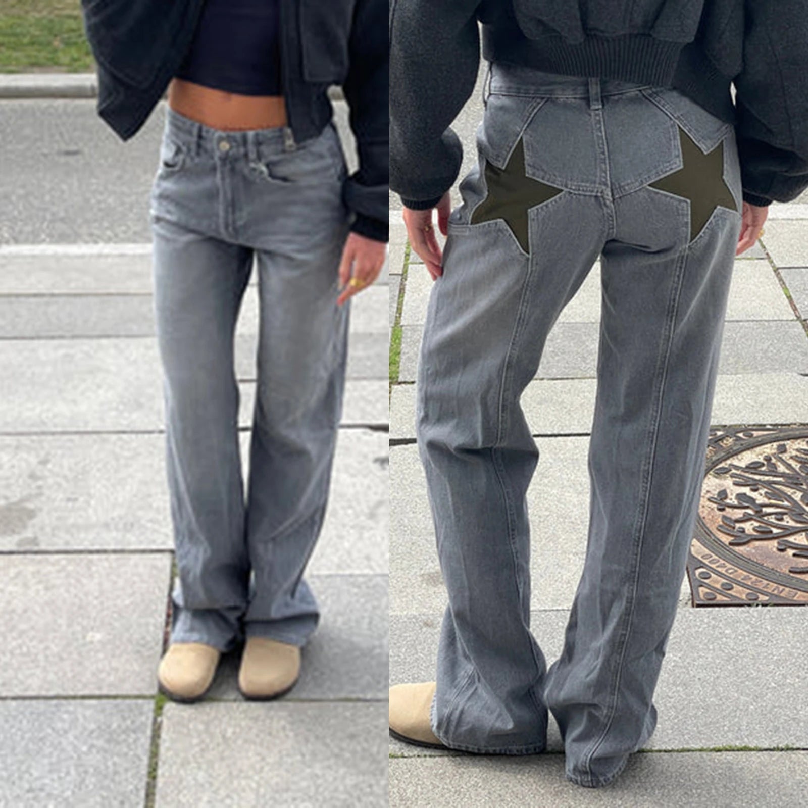 Combhasaki Women's Y2K Vintage Jeans Aesthetic Star Pattern Print Loose Straight Leg Denim Long Pants Casual Low Waist Trousers - Tasawoq