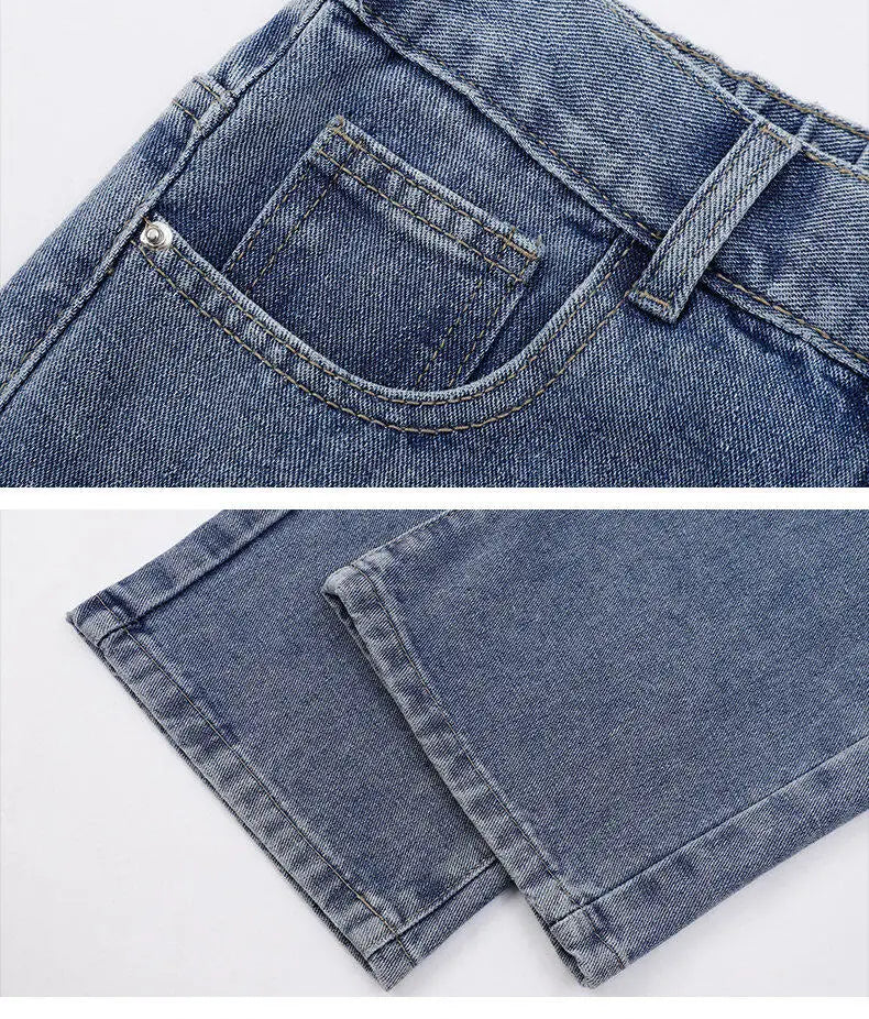 2025 New Korean Men's Casual Long Jeans Classic Man Straight Denim Wide-leg Pants Solid Color Light Blue Grey Black - Tasawoq