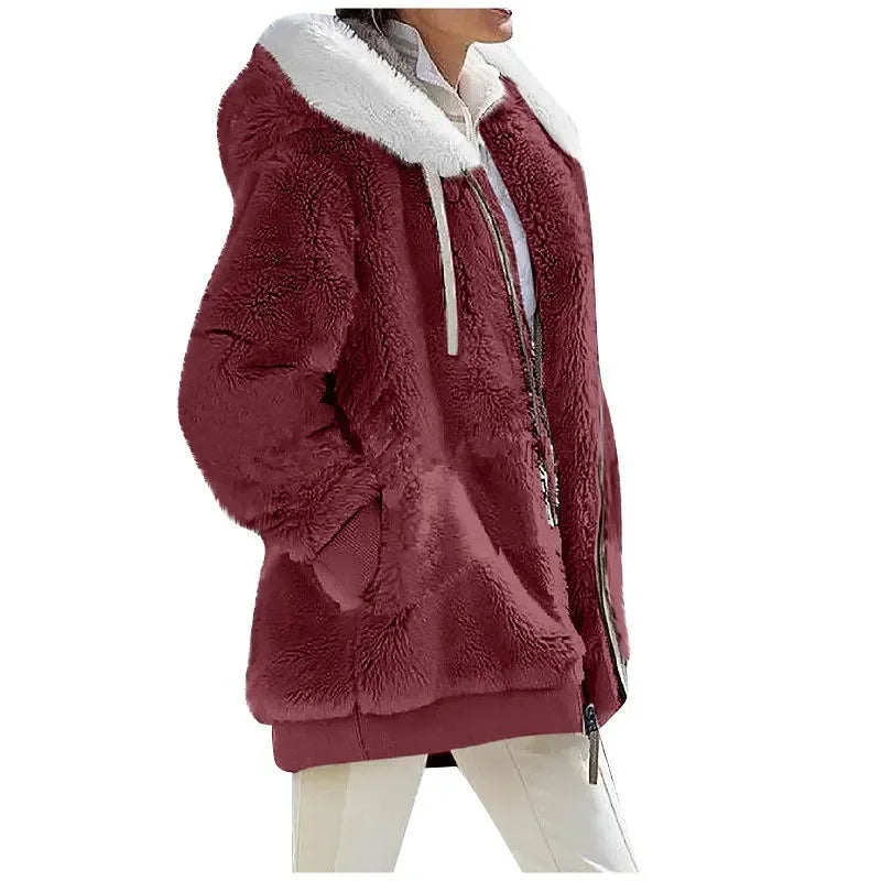Autumn Winter Fashion Women's Coat New Casual Hooded Zipper Lady Clothes Cashmere Female Fleece Jacket Solid Color Ladies Coats - Tasawoq