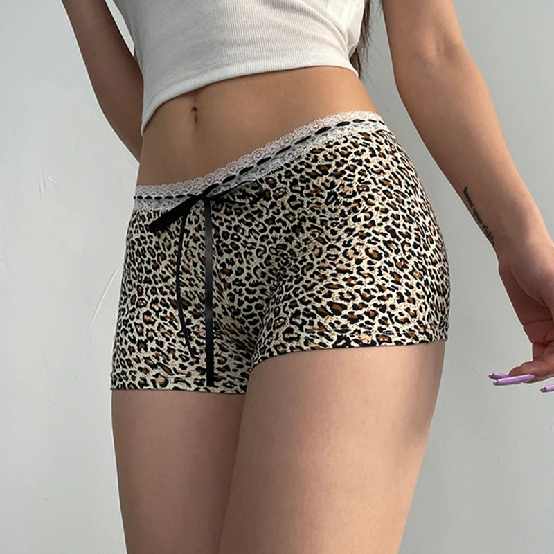 CIBBAR Hot Sexy Leopard Print Shorts Streetwear y2k Lace Patchwork Bow Low Rise Skinny Short Pants Women Vintage 2000s Clothing - Tasawoq