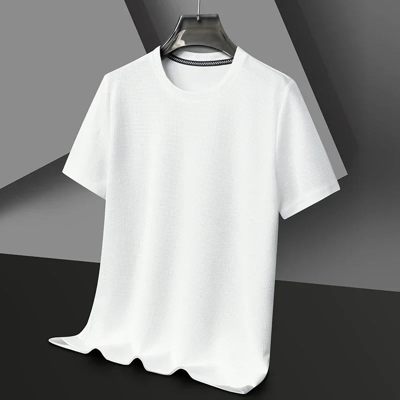 New Summer Waffle Round Neck Short Sleeved T-shirt for Men's Short Sleeved Top - Tasawoq