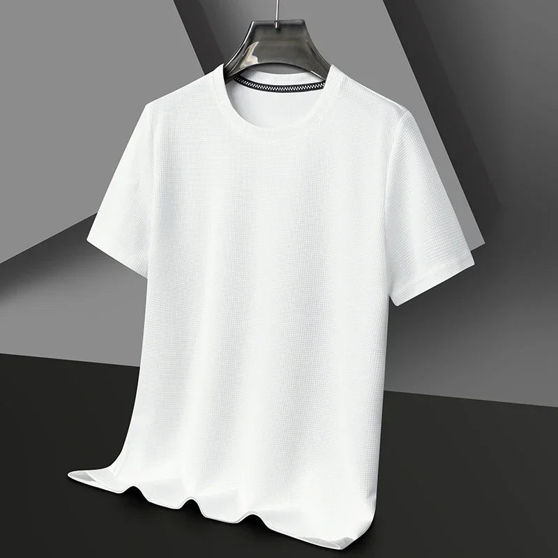 New Summer Waffle Round Neck Short Sleeved T-shirt for Men's Short Sleeved Top - Tasawoq