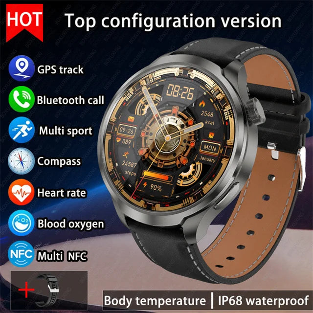 New 1.85"AMOLED HD Smart Watch Men GPS Outdoor Sports Compass Waterproof Watches NFC Health Monitor Bluetooth Call Smartwatch - Tasawoq