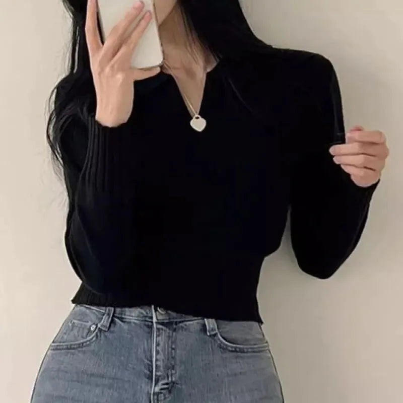 Xpqbb Korean Chic Turndown Collar Sweaters Female Gray Slim Fit Long Sleeve Cropped Sweater for Woman Streetwear Knit Pullovers - Tasawoq