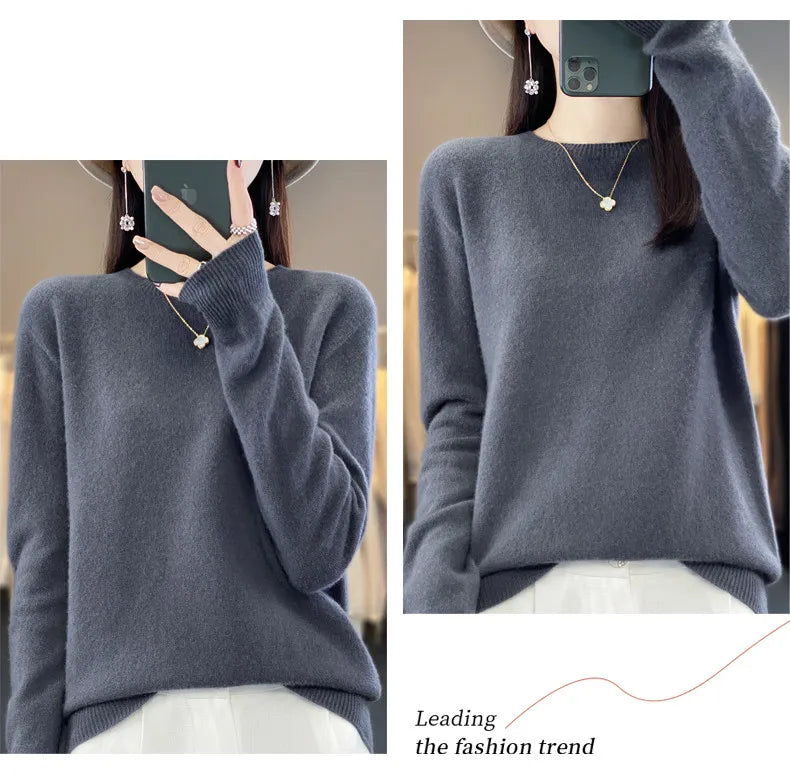 Women's 100% Beautiful Wool Round Neck Top Fashion Versatile Knitted Loose Long Sleeve Pullover Thin Sweater Yuan Ling - Tasawoq