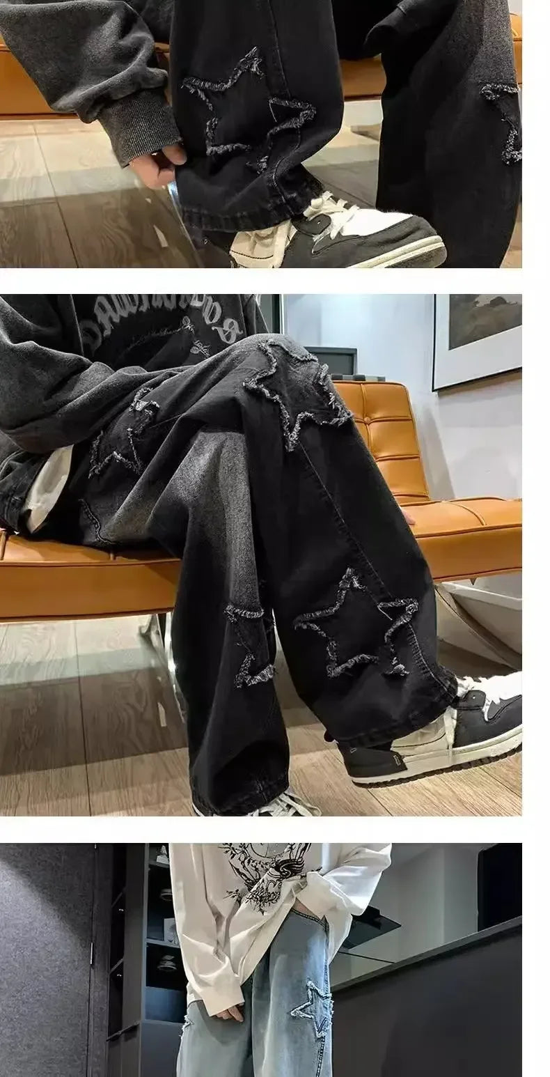 Stars Patchwork Men Jeans New Fashion Y2K Tassel Pants Korea Clothes Straight Hip Hop Splicing Trousers Male Streetwear - Tasawoq
