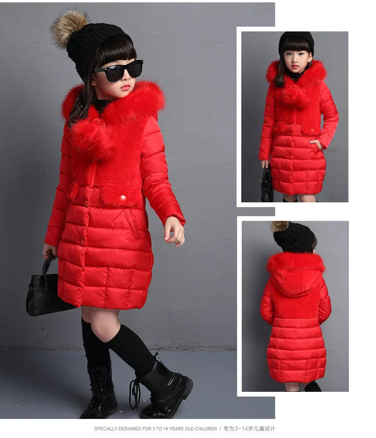 2024 Winter Warm Jackets for Girls Fashion Fur Hooded Children Girls Waterproof Outwear Kids Cotton Lined Parkas - Tasawoq