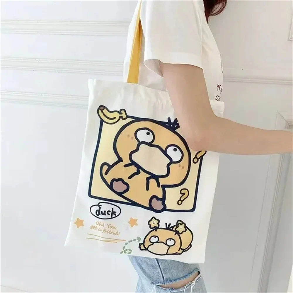 Anime Pokemon Pikachu Canvas Shoulder Bags Psyduck Squirtle Ladies Casual Handbag Reusable Large Capacity Women Shopping Bag - Tasawoq