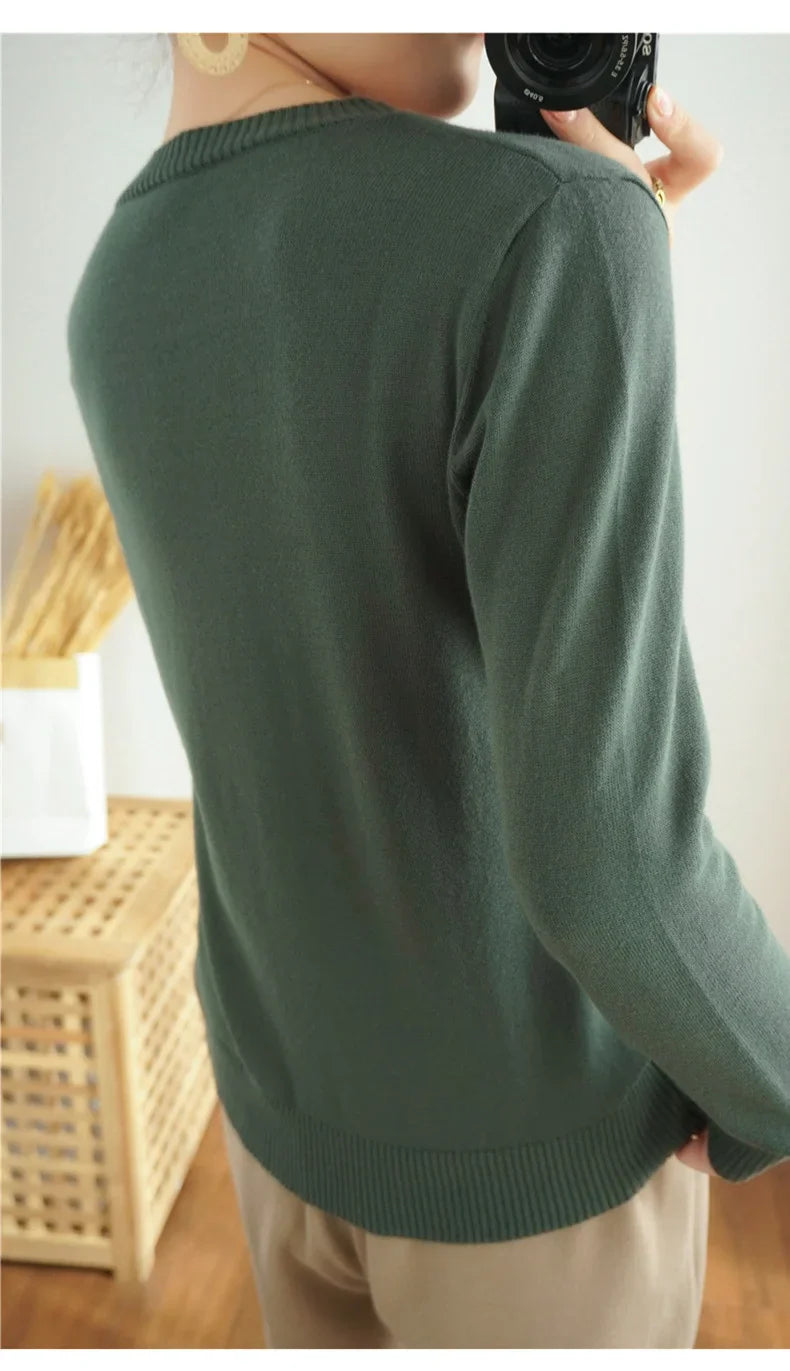 Women's 100% High-quality Cotton Knitted Sweater, Temperament Round Neck Top, Breathable And Versatile Pullover, Long Sleeved - Tasawoq