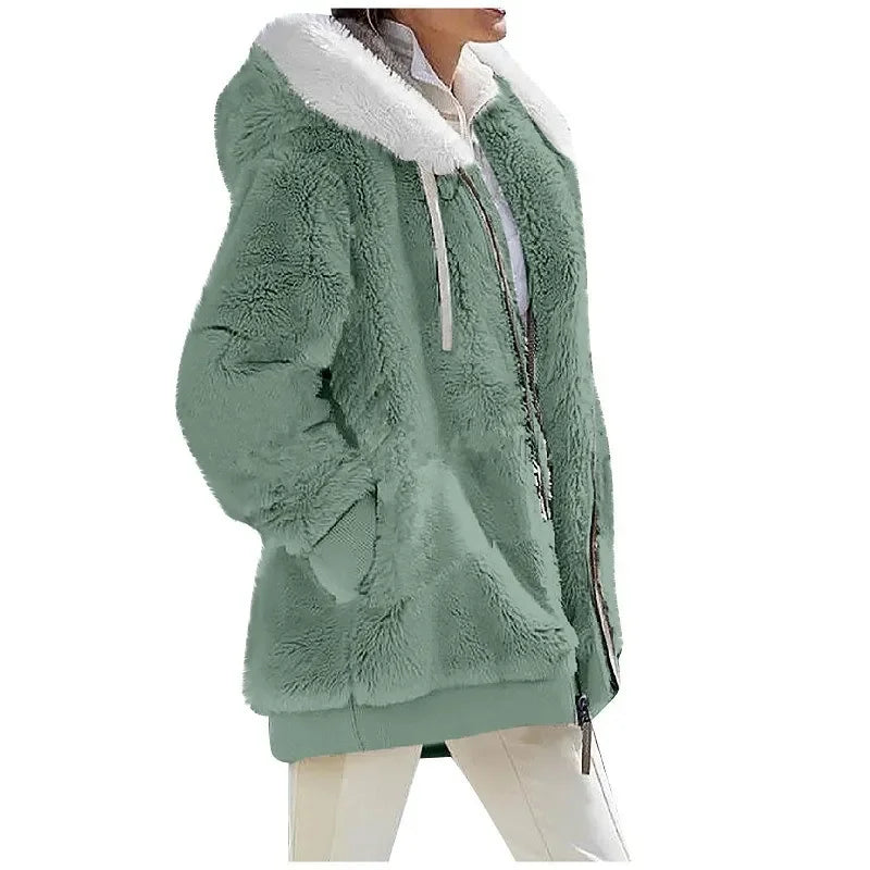 Autumn Winter Fashion Women's Coat New Casual Hooded Zipper Lady Clothes Cashmere Female Fleece Jacket Solid Color Ladies Coats - Tasawoq