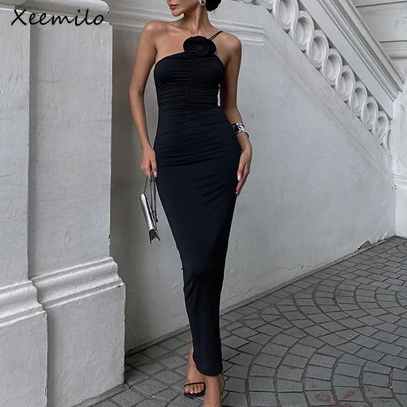 WhereMery Elegant Women Solid Sleeveless Slim Dress Aesthetic Oblique Strap Backless Prom Dresses Fashion Evening Party Clothing - Tasawoq