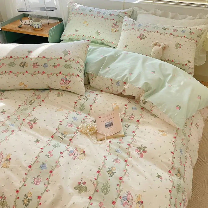Pink Floral Bedding Set Soft Ins Single Double Queen Size Duvet Cover Flat Sheet Pillowcase Girls Home Totel Bed Linens - Tasawoq