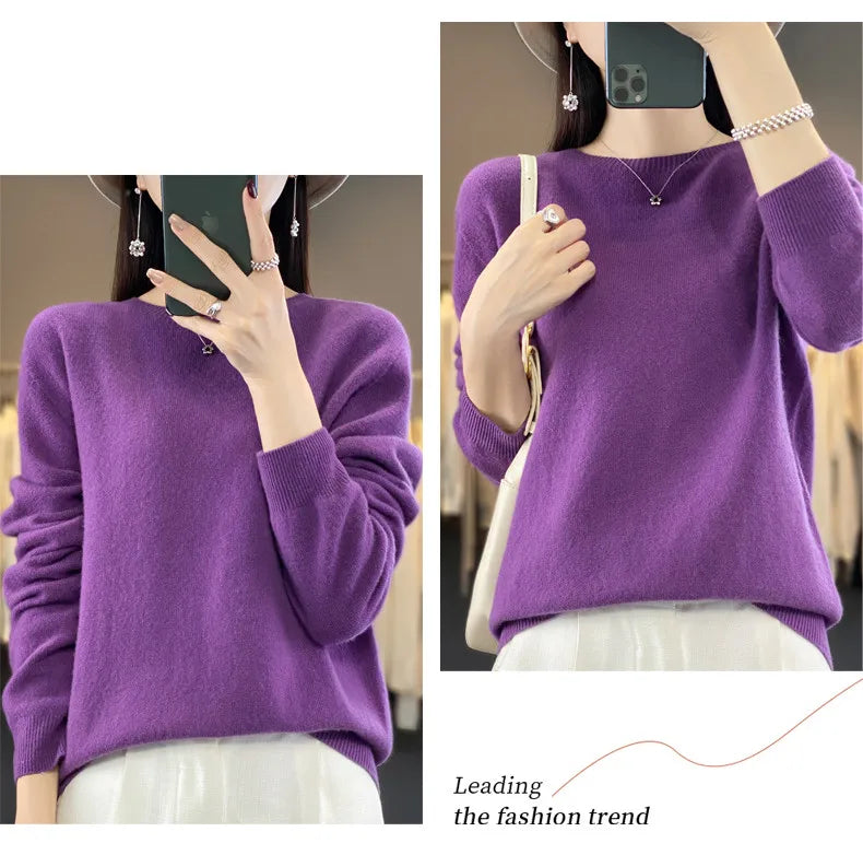Women's 100% Beautiful Wool Round Neck Top Fashion Versatile Knitted Loose Long Sleeve Pullover Thin Sweater Yuan Ling - Tasawoq