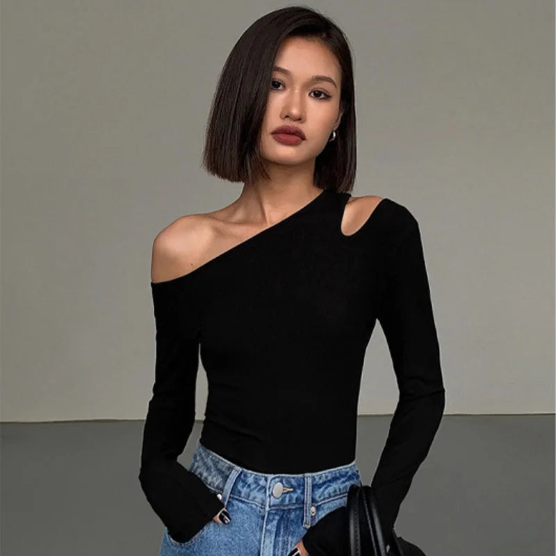 Fashion Skew Collar Off-shoulder Long-sleeved T-shirts Women Spring New Solid Slim Fit Crop Top Sexy Hollow Out Tees Shirts - Tasawoq