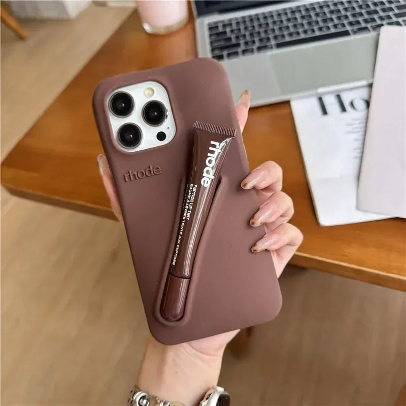 For iPhone 16 12 13 14 15 11 Pro Max Plus Fashion Rhode Phone Case Gray Toast Espresso Ribbon Lip Gloss Holder Silicone Cover - Tasawoq