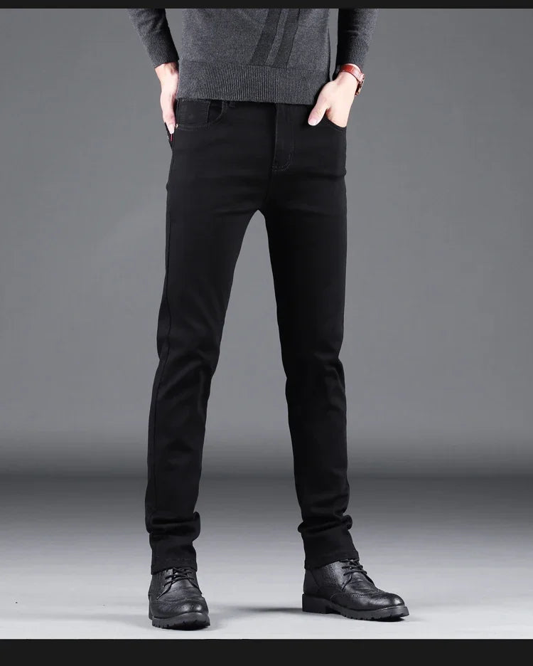 Spring Autumn New Men's Pure Black Slim Jeans Elastic Straight Pants Business Fashion Leisure Korean Vintage Denim Pants Male - Tasawoq