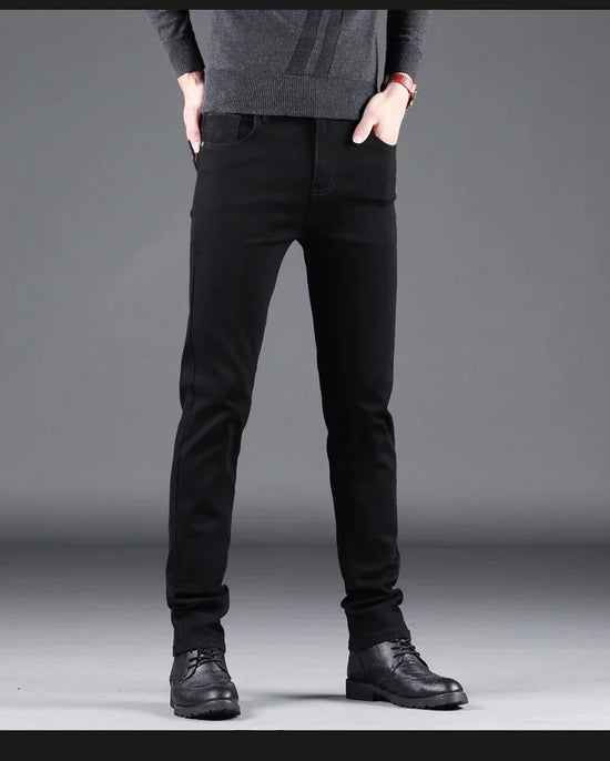 Spring Autumn New Men's Pure Black Slim Jeans Elastic Straight Pants Business Fashion Leisure Korean Vintage Denim Pants Male - Tasawoq