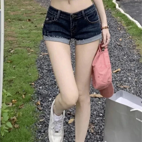 Summer New Women Korean Denim Shorts Pants Lady Low Waist Elastic Slim Fit Hot Pants Female Sexy Deep Blue Hip Wrapping Jeans - Tasawoq