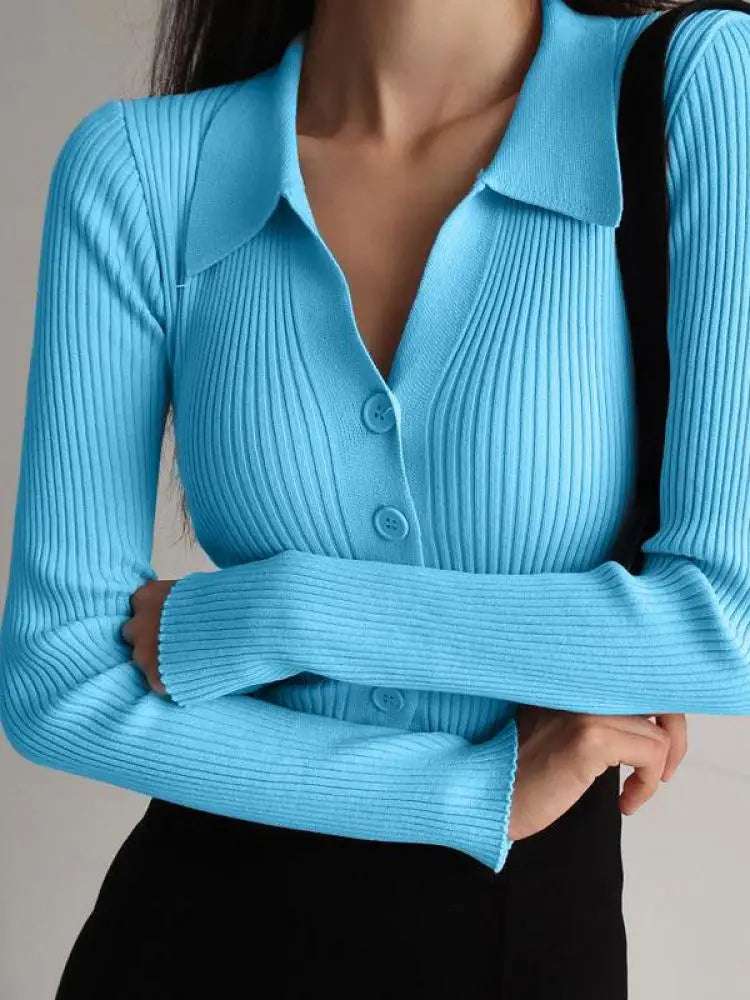 AOSSVIAO 2025 Ladies Buttons Sexy V Neck Long Sleeve POLO Neck Knit Cardigan Sweater Women Lapel Slim Tops - Tasawoq