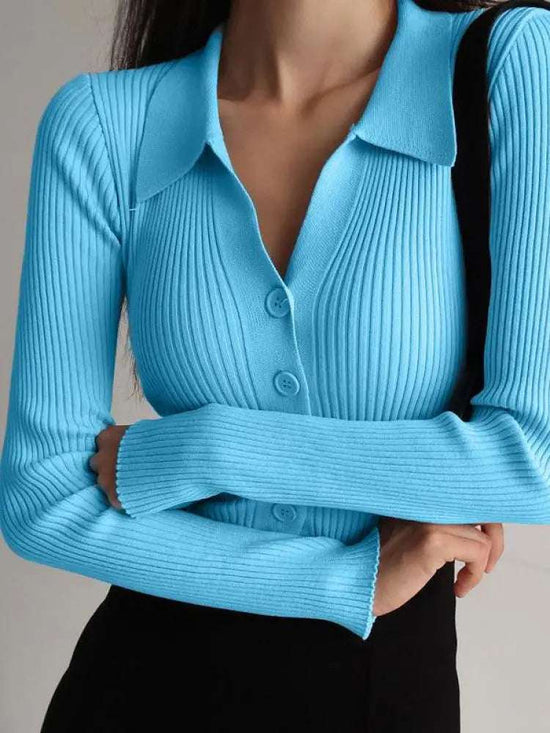 AOSSVIAO 2025 Ladies Buttons Sexy V Neck Long Sleeve POLO Neck Knit Cardigan Sweater Women Lapel Slim Tops - Tasawoq