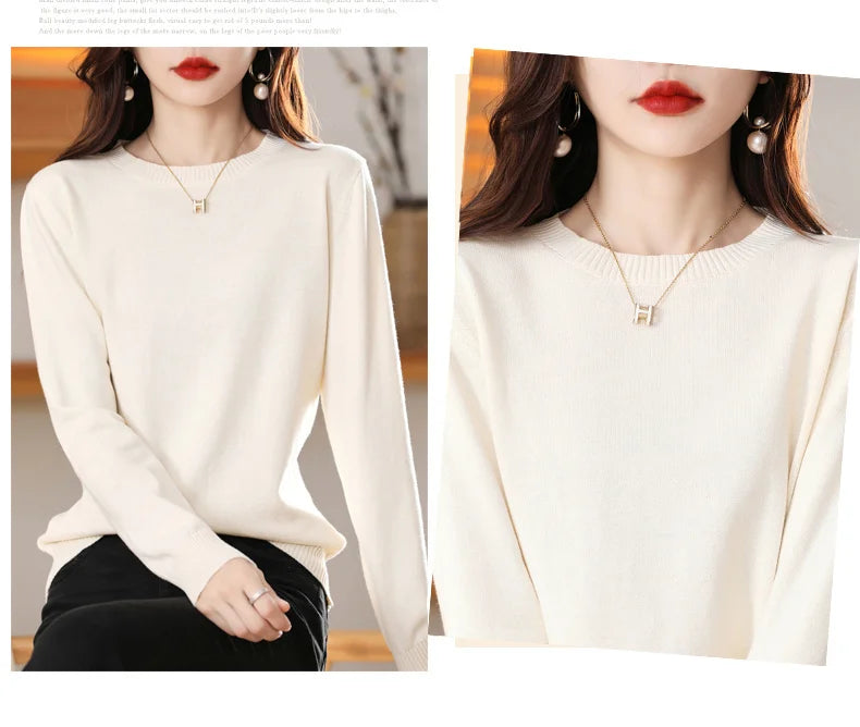Women's 100% High-quality Cotton Knitted Sweater, Temperament Round Neck Top, Breathable And Versatile Pullover, Long Sleeved - Tasawoq