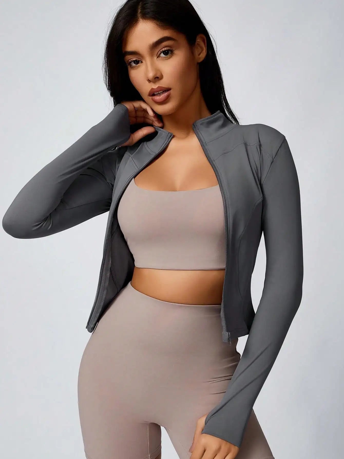 Women's Solid Color Zipper Turtleneck Sports Jacket, Long-Sleeved Sports Top, Gym Wear, Ladies' Sportswear for Indoor and Outdoo - Tasawoq