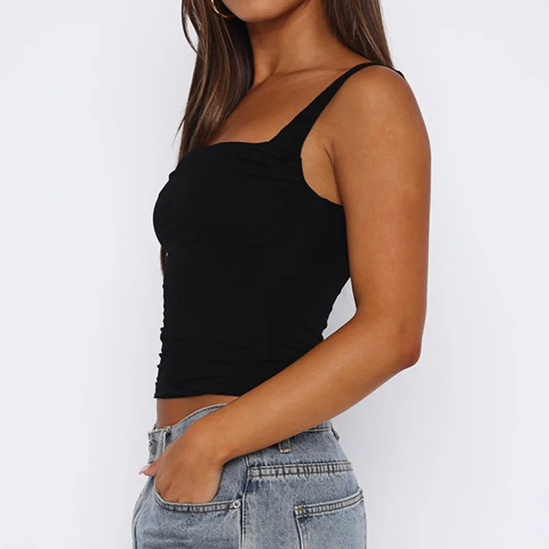 New Women Tank Tops Summer Solid Sexy Backless Streetwear Casual Slim Sleeveless Camisole Fashion Folds Tank Tops Lady Clothing - Tasawoq