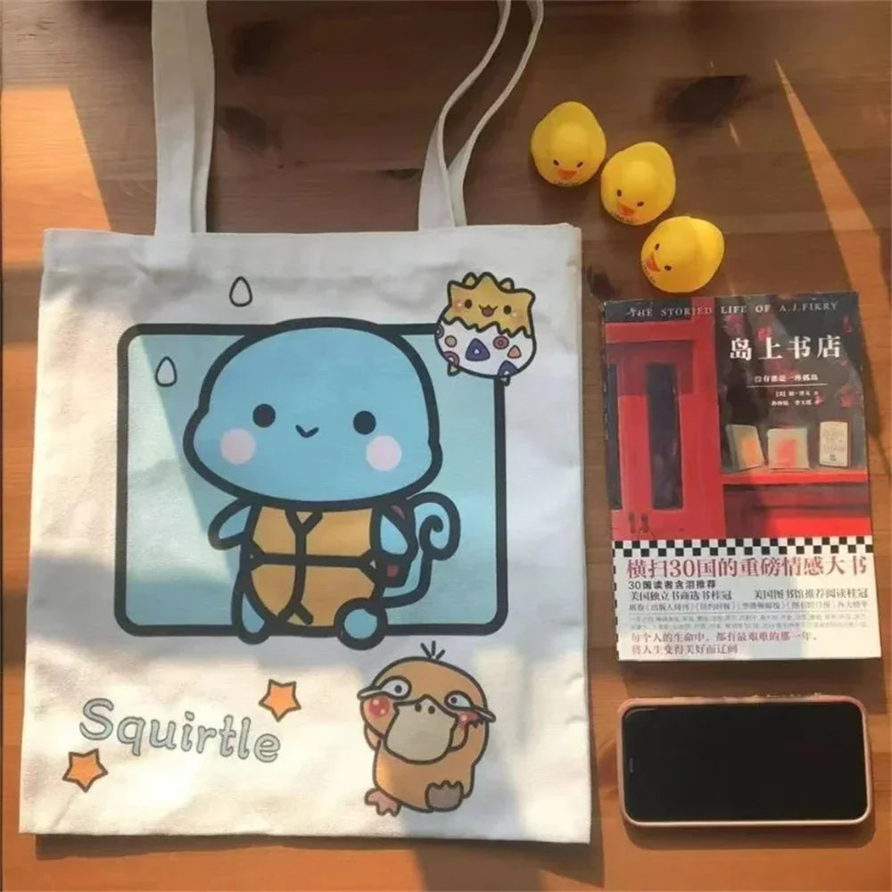 Anime Pokemon Pikachu Canvas Shoulder Bags Psyduck Squirtle Ladies Casual Handbag Reusable Large Capacity Women Shopping Bag - Tasawoq