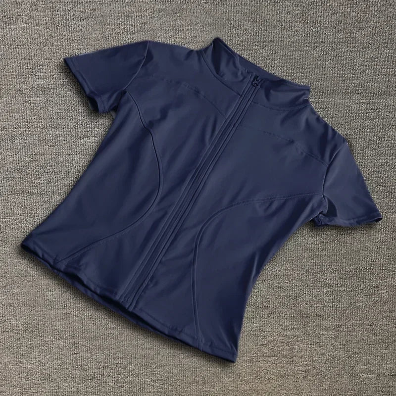 Summer High Quality Waist Slimming Training Tops Women's Quick-drying Tight Stand Collar Full Zipper Short Sleeves Yoga shirts - Tasawoq