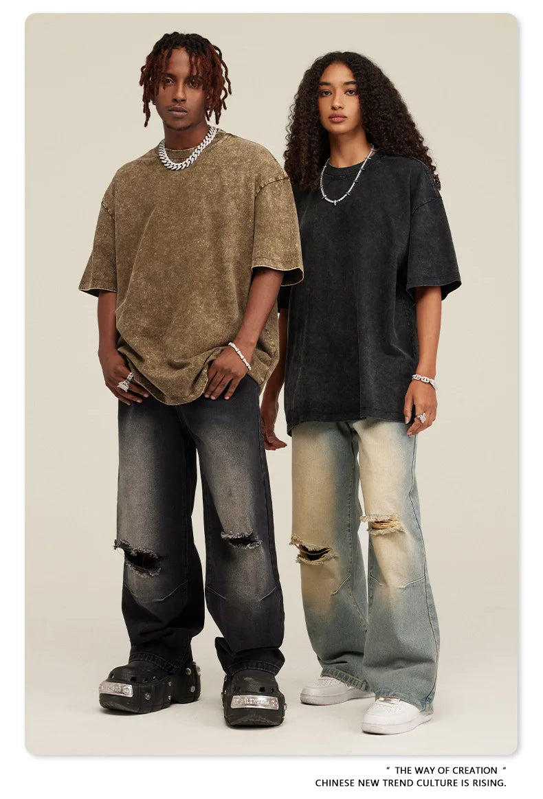 Oversized Printed Tshirts Men Gym Vintage Heavyweight T Shirts Cotton Workout Acid Wash Baggy Tees Street Fashion Tops Unisex