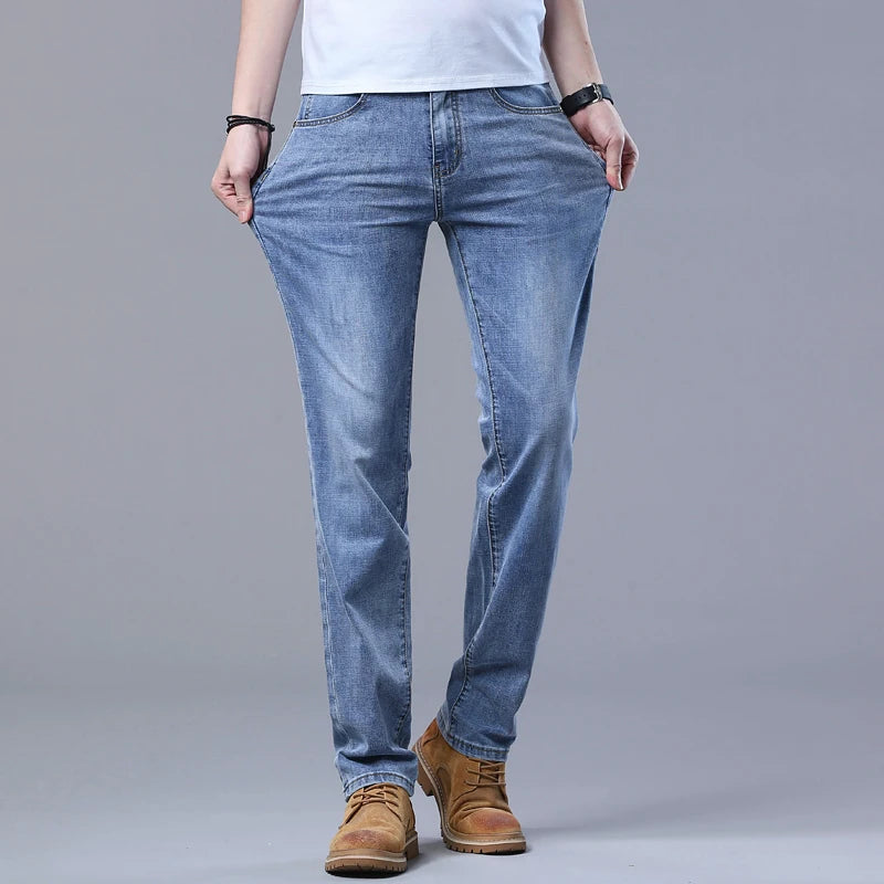 Spring Men's Light Blue Slim Jeans Stylish Casual Stretch Fabric Denim Pants Classic Trousers Smoke Gray - Tasawoq