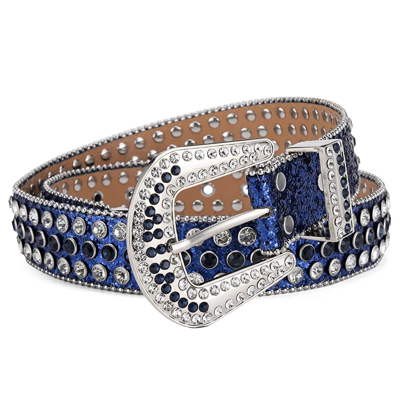 Men's Jeans Rhinestone Large Size Belt Women's Belt Western Denim Shiny Rivet Design Leather HipHop Punk Rock Y2K Style Belt - Tasawoq
