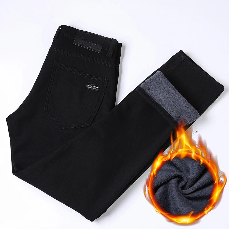 WTHINLEE Winter Men Black Straight Stretch Denim Thick Velvet Pants Warm Jeans Casual Fleece Line Trousers Male Plus Size - Tasawoq