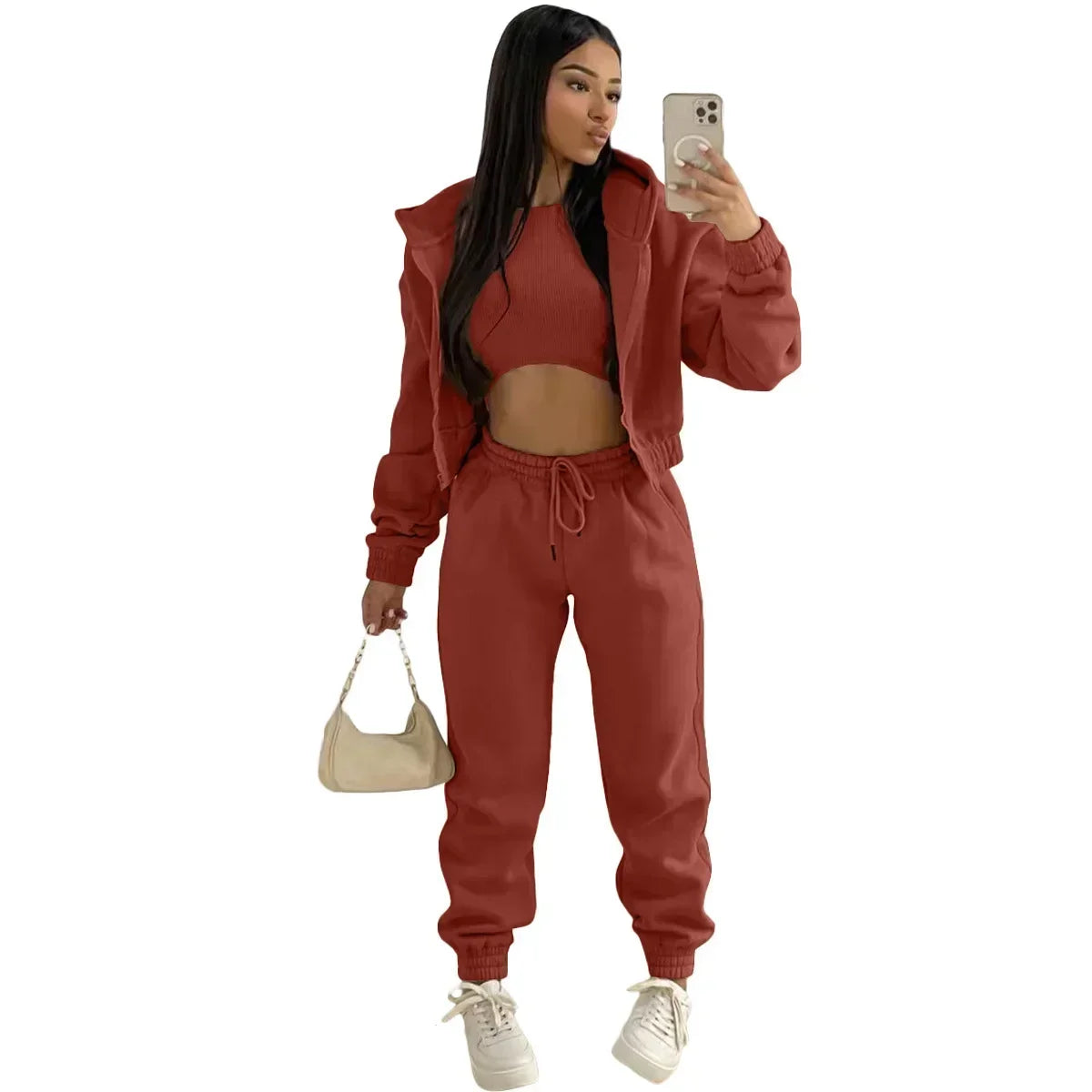 3pcs Women's Clothing Set Fleece-lined Hooded Sweater &Sleeveless Tank Top & Sports Sweatpants Pants - Tasawoq