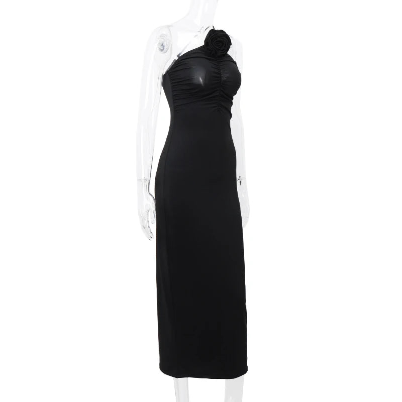 WhereMery Elegant Women Solid Sleeveless Slim Dress Aesthetic Oblique Strap Backless Prom Dresses Fashion Evening Party Clothing - Tasawoq