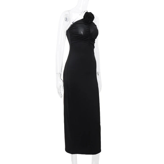 WhereMery Elegant Women Solid Sleeveless Slim Dress Aesthetic Oblique Strap Backless Prom Dresses Fashion Evening Party Clothing - Tasawoq