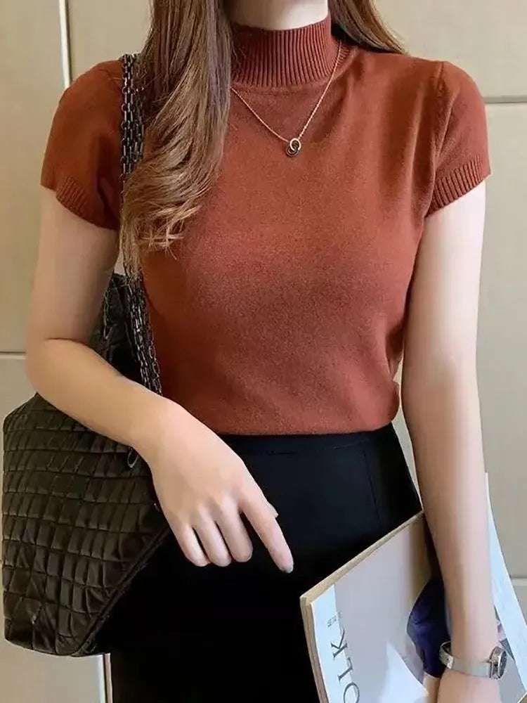 Women's Half-High Neck T-Shirt Fashion Jumper Casual Tops Korean Style Elegant Solid-Coloured Clothing Spring And Summer Season - Tasawoq